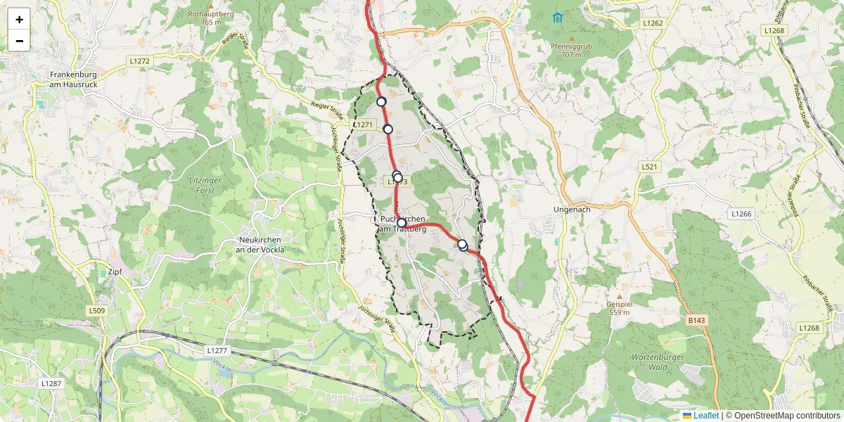Nahverkehrsnetz in puchkirchen-am-trattberg, Österreich - Buslinien, Haltestellen und Verbindungen auf der Karte