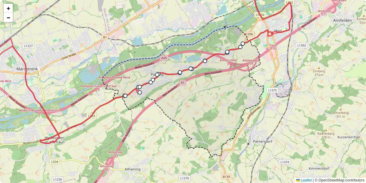 Nahverkehrsnetz in pucking, Österreich - Buslinien, Haltestellen und Verbindungen auf der Karte