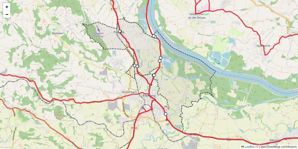 Nahverkehrsnetz in pupping, Österreich - Buslinien, Haltestellen und Verbindungen auf der Karte