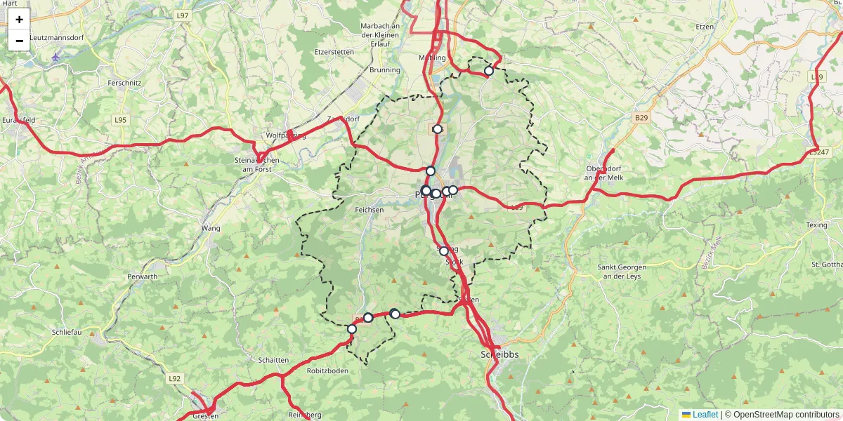 Nahverkehrsnetz in purgstall-an-der-erlauf, Österreich - Buslinien, Haltestellen und Verbindungen auf der Karte