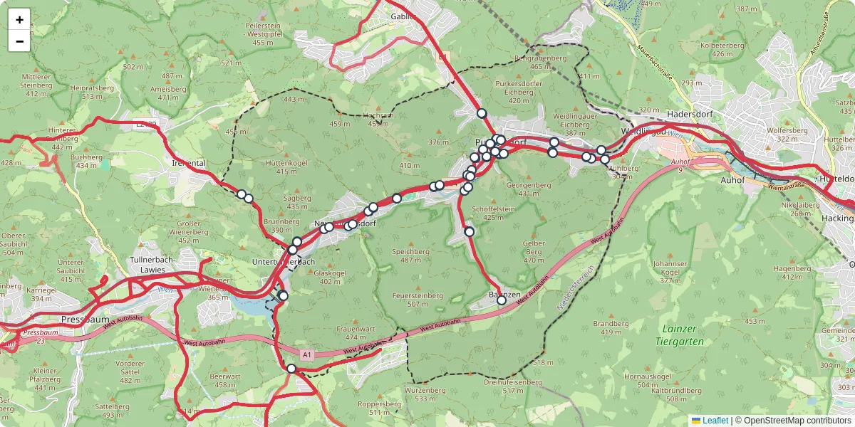 Nahverkehrsnetz in purkersdorf, Österreich - Buslinien, Haltestellen und Verbindungen auf der Karte