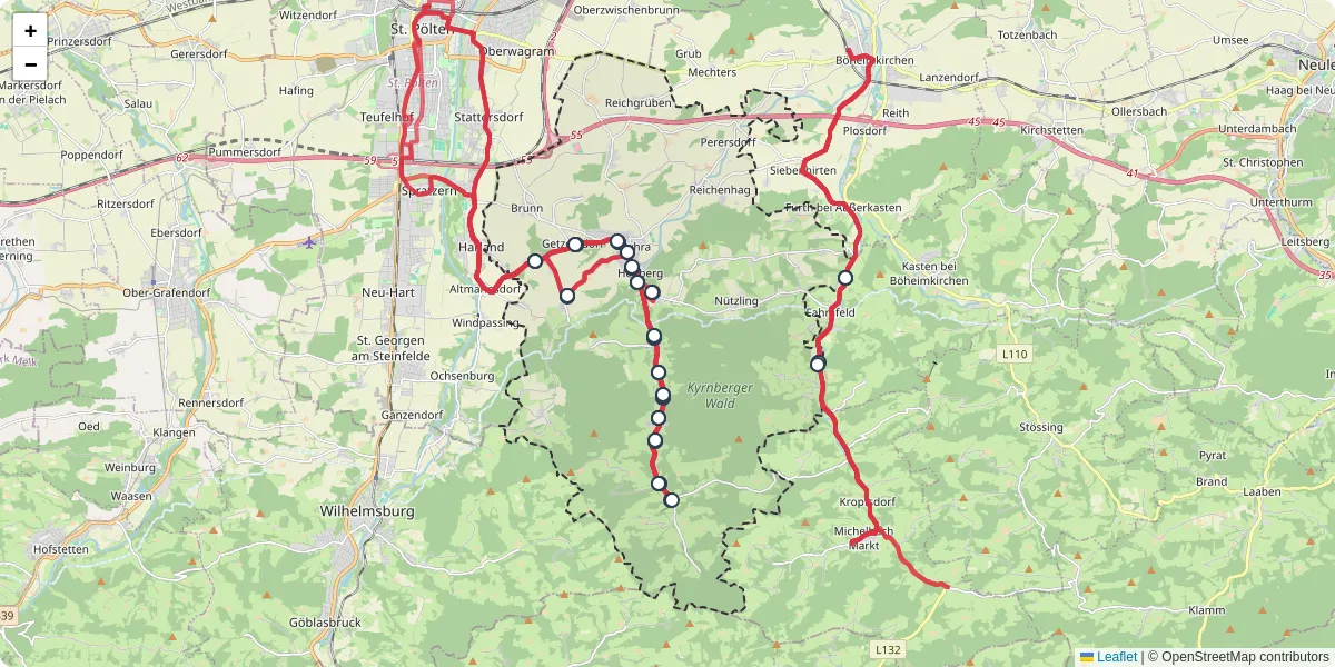 Nahverkehrsnetz in pyhra, Österreich - Buslinien, Haltestellen und Verbindungen auf der Karte