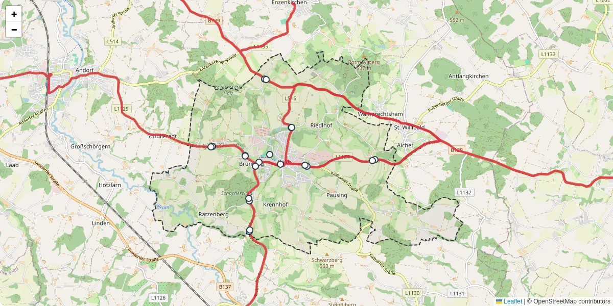 Nahverkehrsnetz in raab, Österreich - Buslinien, Haltestellen und Verbindungen auf der Karte