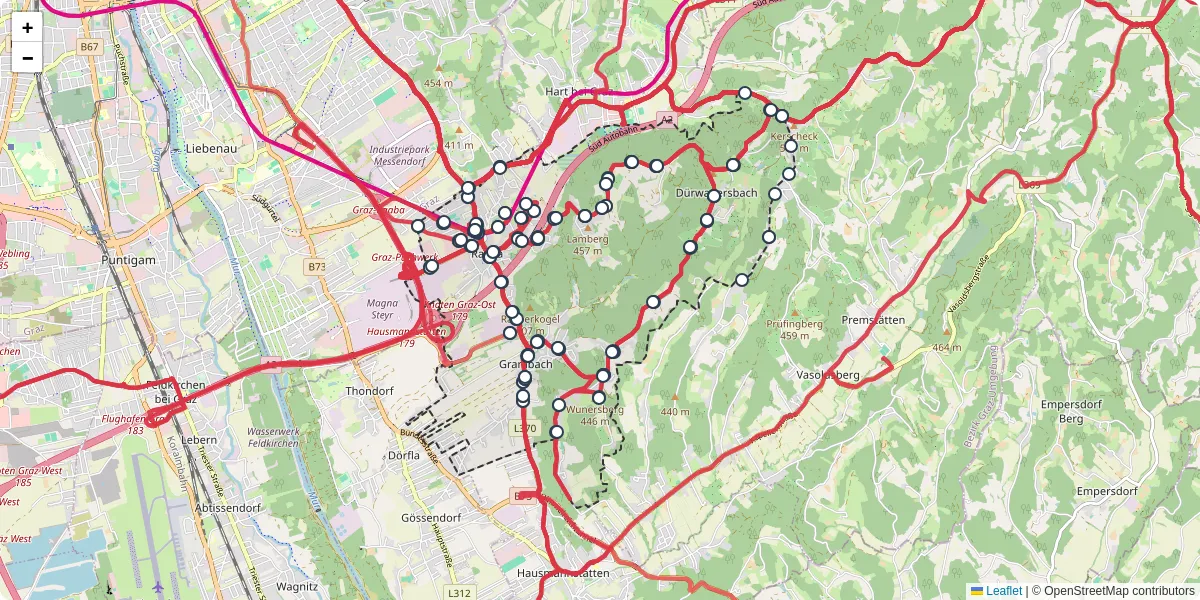 Nahverkehrsnetz in raaba-grambach, Österreich - Buslinien, Haltestellen und Verbindungen auf der Karte