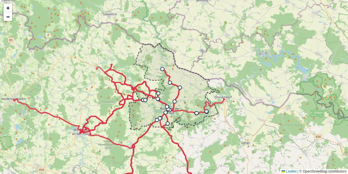 Nahverkehrsnetz in raabs-an-der-thaya, Österreich - Buslinien, Haltestellen und Verbindungen auf der Karte