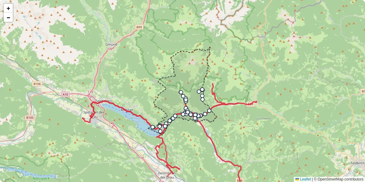 Nahverkehrsnetz in radenthein, Österreich - Buslinien, Haltestellen und Verbindungen auf der Karte