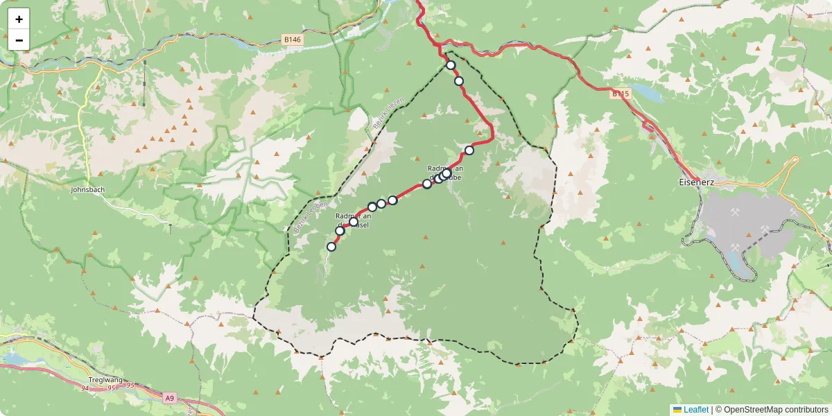 Nahverkehrsnetz in radmer, Österreich - Buslinien, Haltestellen und Verbindungen auf der Karte