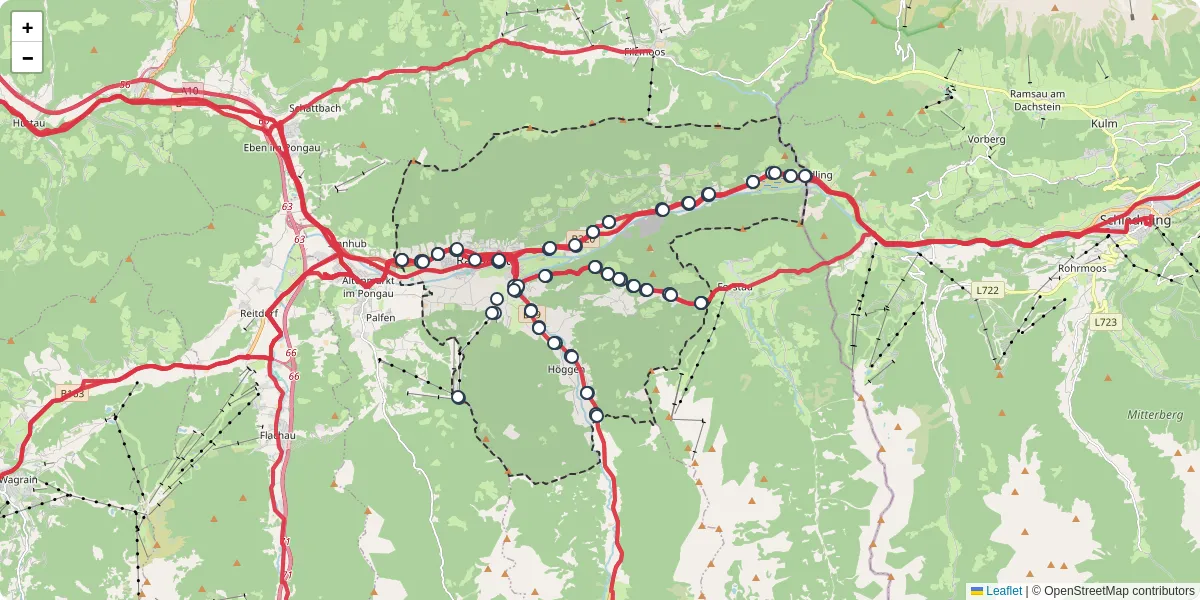 Nahverkehrsnetz in radstadt, Österreich - Buslinien, Haltestellen und Verbindungen auf der Karte