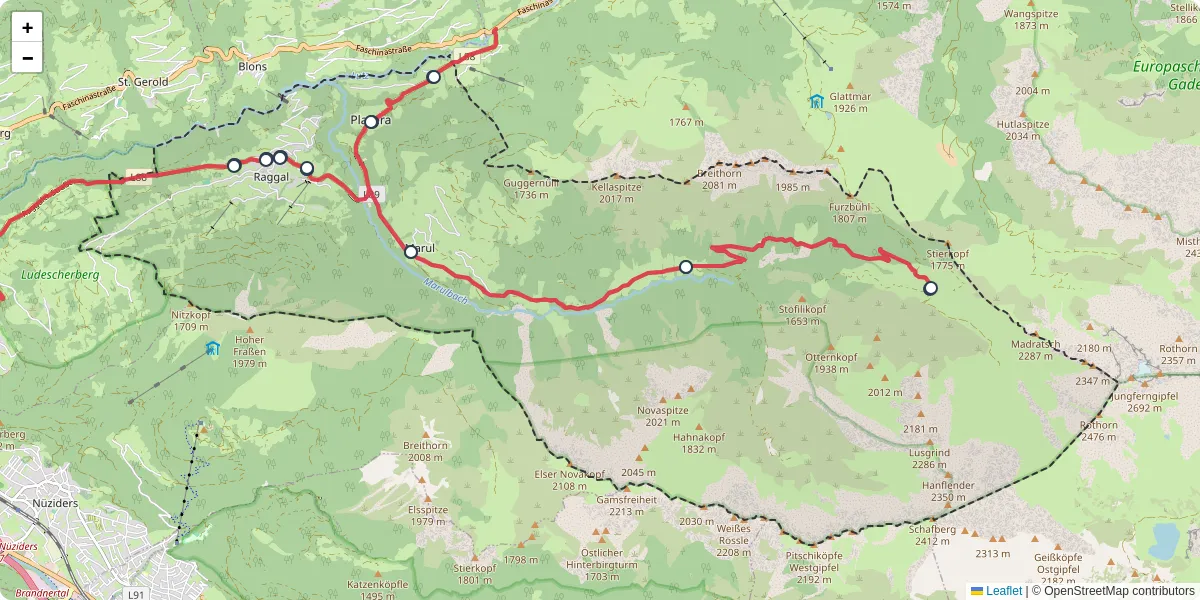 Nahverkehrsnetz in raggal, Österreich - Buslinien, Haltestellen und Verbindungen auf der Karte