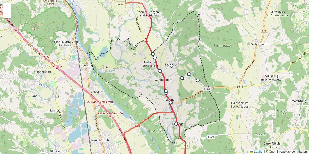 Nahverkehrsnetz in ragnitz, Österreich - Buslinien, Haltestellen und Verbindungen auf der Karte
