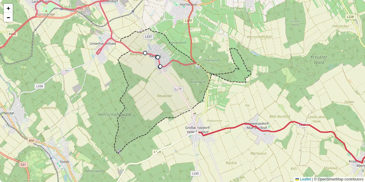 Nahverkehrsnetz in raiding, Österreich - Buslinien, Haltestellen und Verbindungen auf der Karte