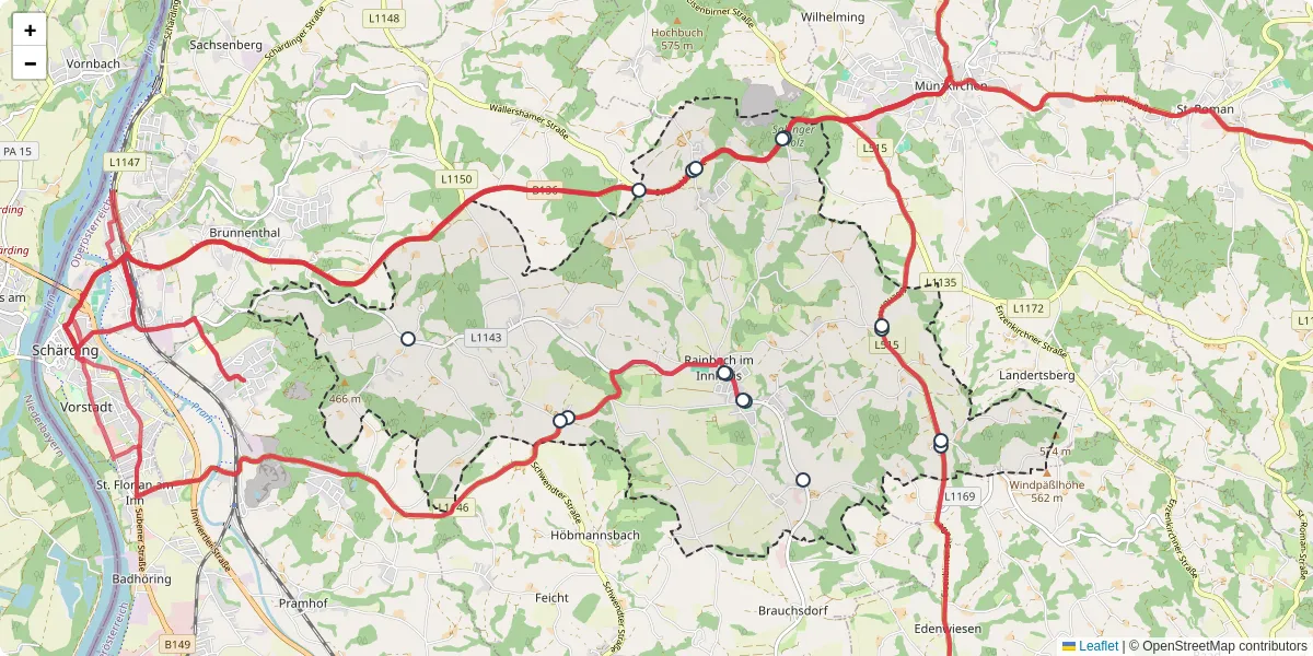 Nahverkehrsnetz in rainbach-im-innkreis, Österreich - Buslinien, Haltestellen und Verbindungen auf der Karte