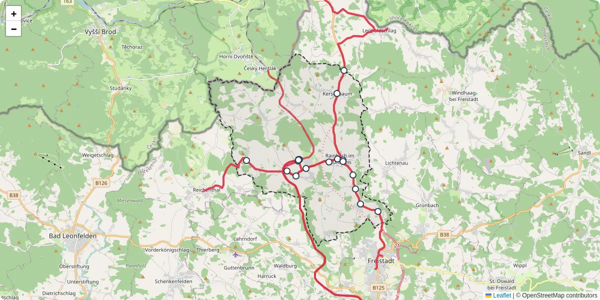 Nahverkehrsnetz in rainbach-im-muhlkreis, Österreich - Buslinien, Haltestellen und Verbindungen auf der Karte