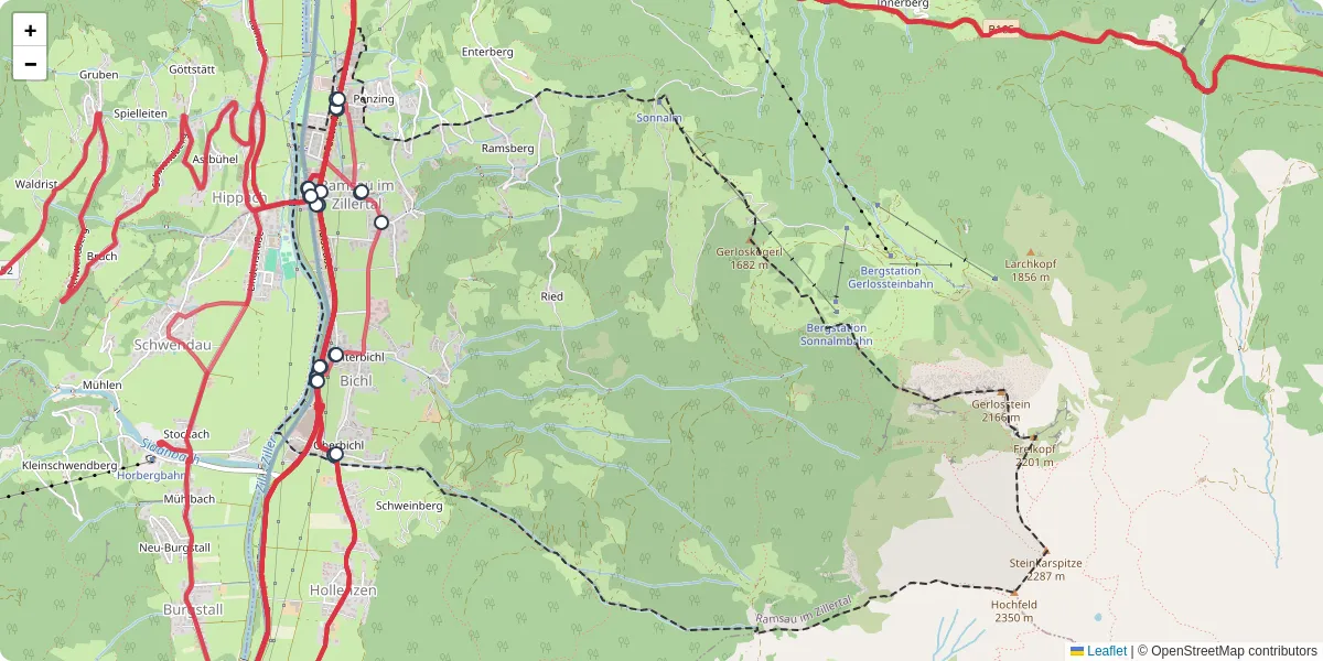 Nahverkehrsnetz in ramsau-im-zillertal, Österreich - Buslinien, Haltestellen und Verbindungen auf der Karte