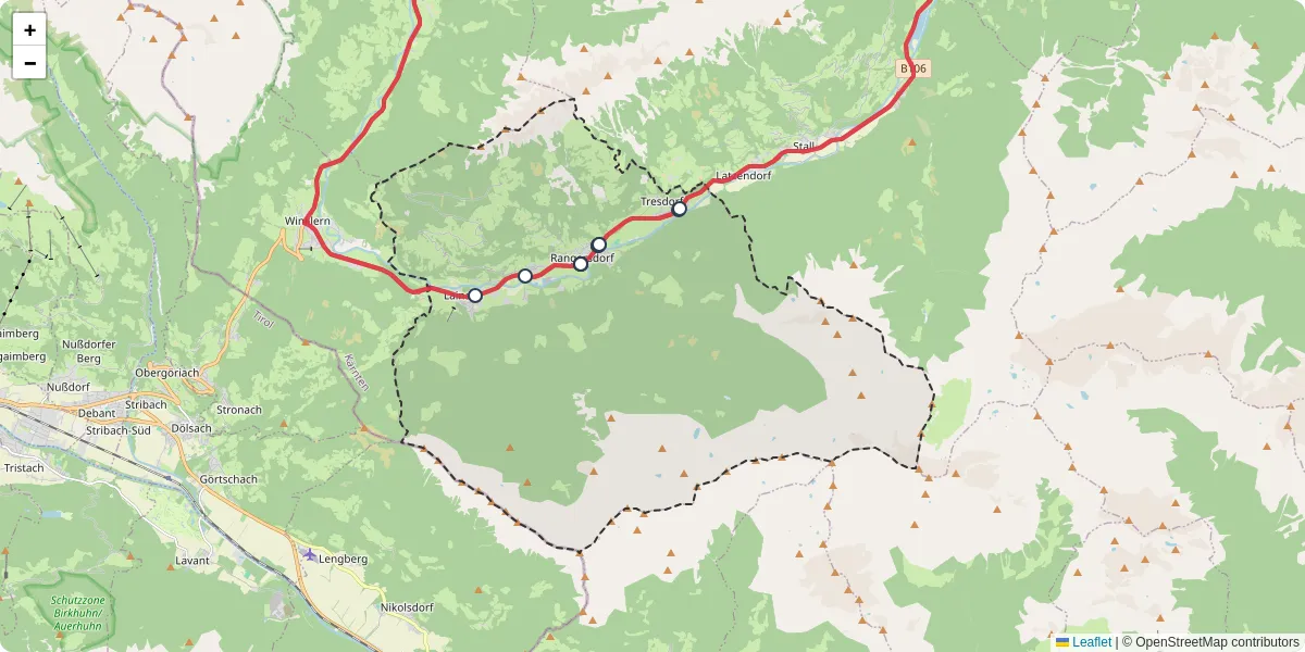 Nahverkehrsnetz in rangersdorf, Österreich - Buslinien, Haltestellen und Verbindungen auf der Karte