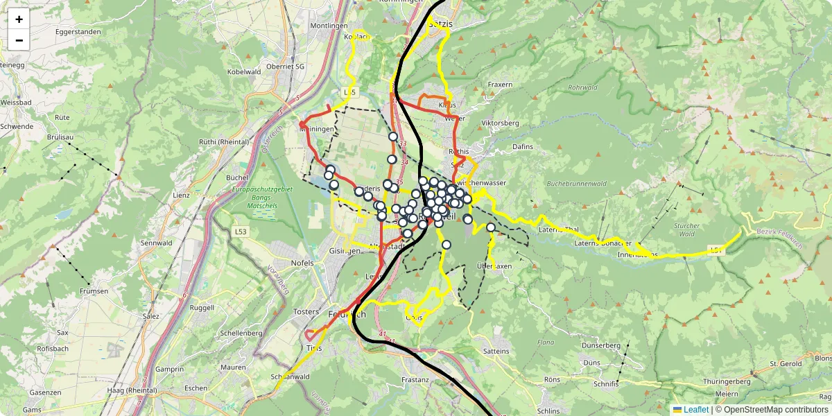 Nahverkehrsnetz in rankweil, Österreich - Buslinien, Haltestellen und Verbindungen auf der Karte