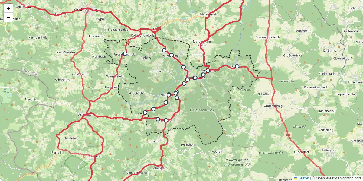 Nahverkehrsnetz in rappottenstein, Österreich - Buslinien, Haltestellen und Verbindungen auf der Karte