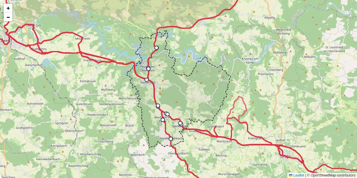 Nahverkehrsnetz in rastenfeld, Österreich - Buslinien, Haltestellen und Verbindungen auf der Karte
