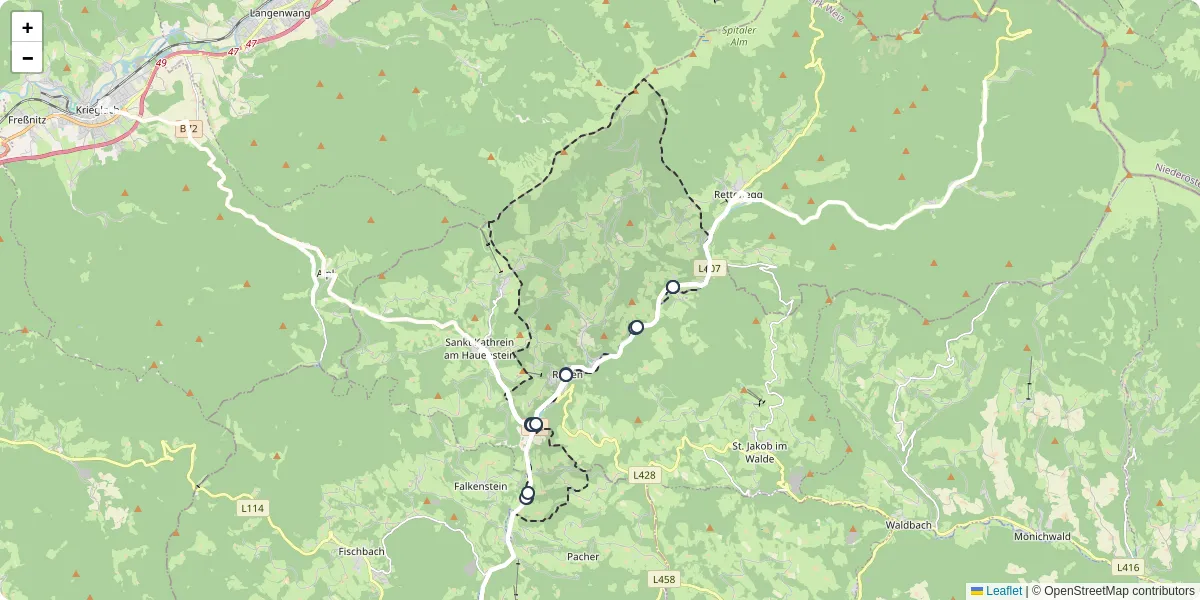 Nahverkehrsnetz in ratten, Österreich - Buslinien, Haltestellen und Verbindungen auf der Karte