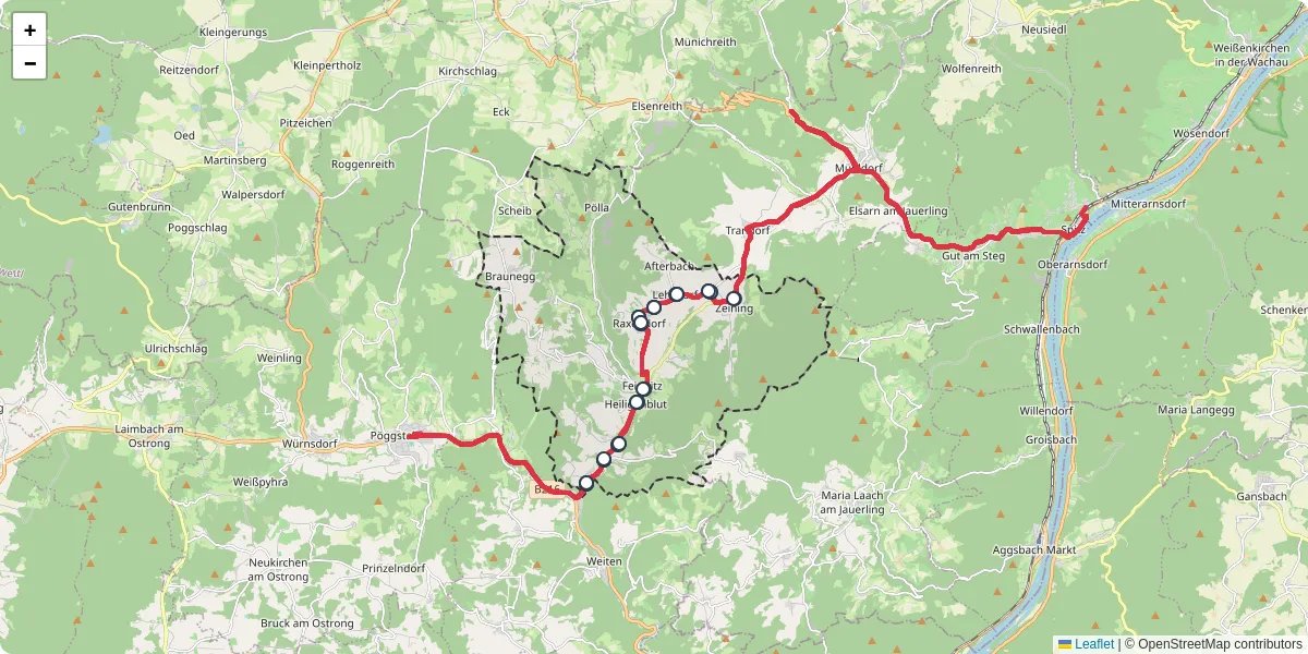 Nahverkehrsnetz in raxendorf, Österreich - Buslinien, Haltestellen und Verbindungen auf der Karte