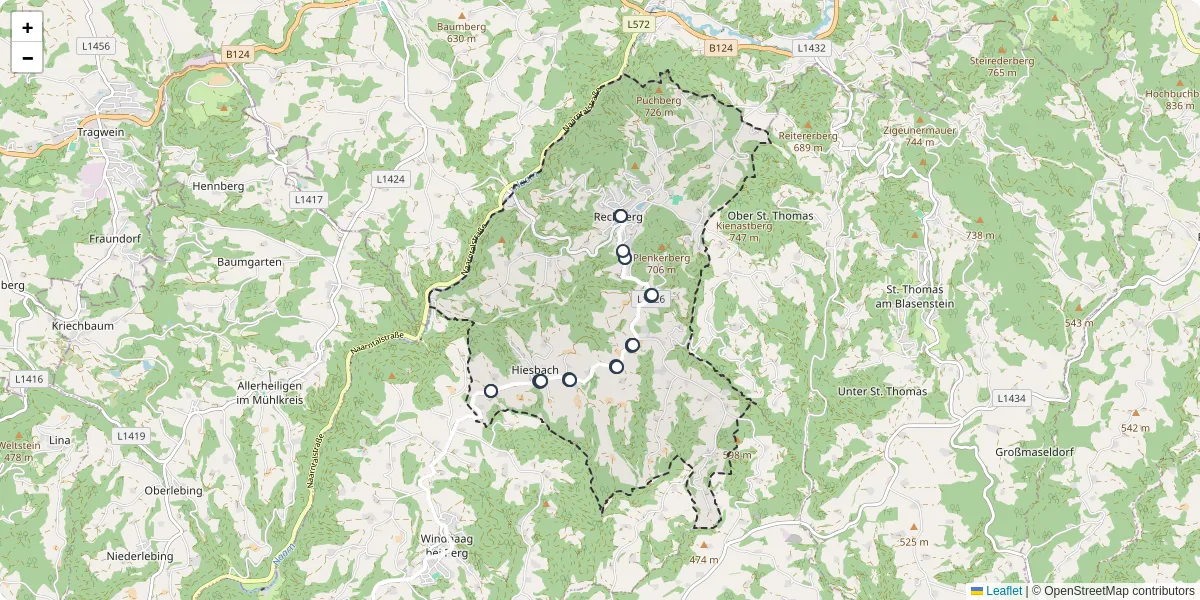 Nahverkehrsnetz in rechberg, Österreich - Buslinien, Haltestellen und Verbindungen auf der Karte