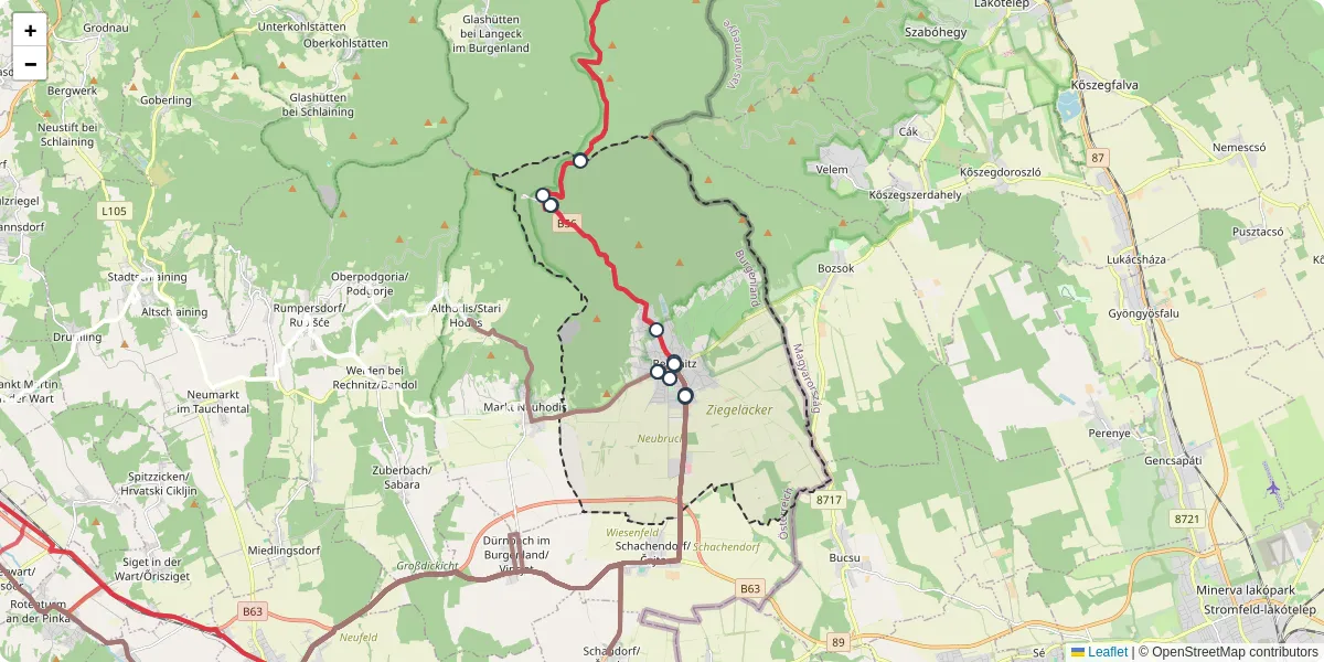 Nahverkehrsnetz in rechnitz, Österreich - Buslinien, Haltestellen und Verbindungen auf der Karte