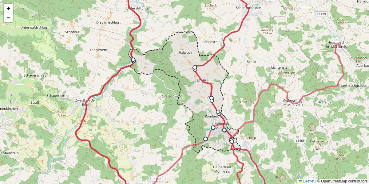 Nahverkehrsnetz in reichenau-im-muhlkreis, Österreich - Buslinien, Haltestellen und Verbindungen auf der Karte