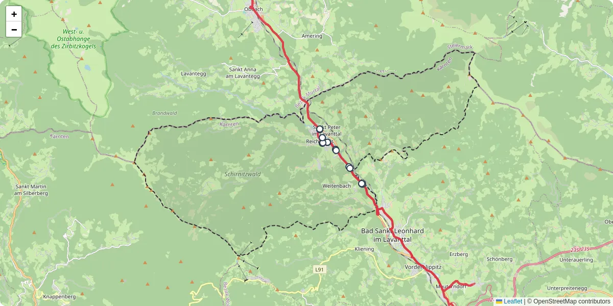 Nahverkehrsnetz in reichenfels, Österreich - Buslinien, Haltestellen und Verbindungen auf der Karte