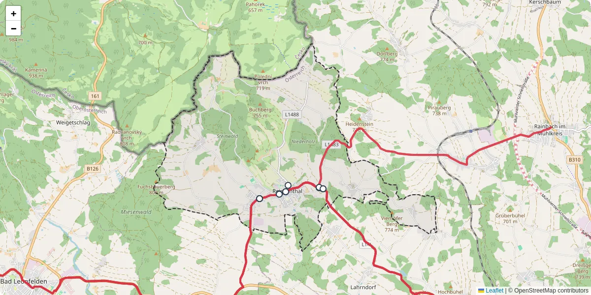 Nahverkehrsnetz in reichenthal, Österreich - Buslinien, Haltestellen und Verbindungen auf der Karte