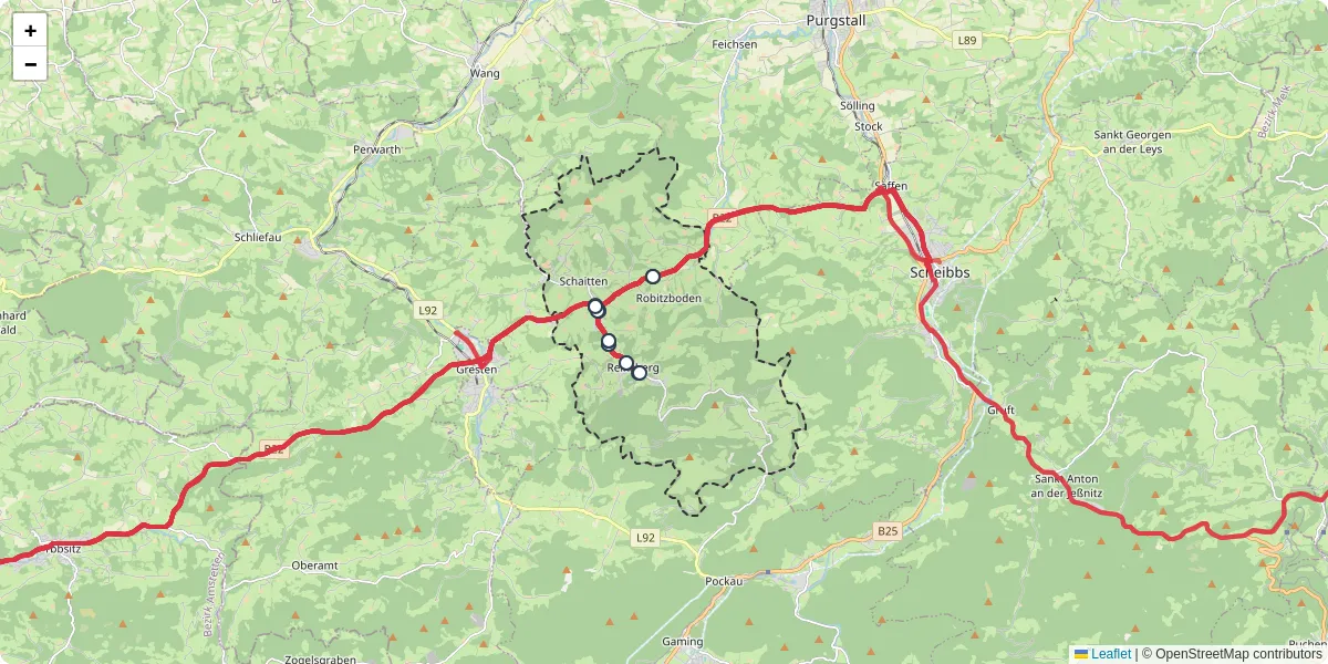 Nahverkehrsnetz in reinsberg, Österreich - Buslinien, Haltestellen und Verbindungen auf der Karte