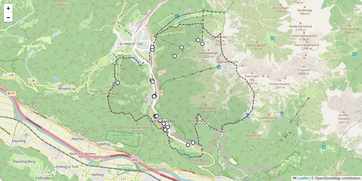 Nahverkehrsnetz in reith-bei-seefeld, Österreich - Buslinien, Haltestellen und Verbindungen auf der Karte