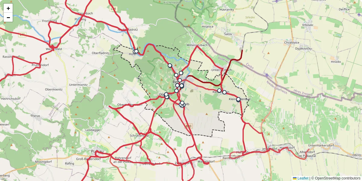 Nahverkehrsnetz in retz, Österreich - Buslinien, Haltestellen und Verbindungen auf der Karte