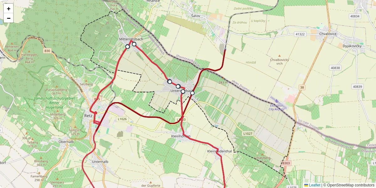 Nahverkehrsnetz in retzbach, Österreich - Buslinien, Haltestellen und Verbindungen auf der Karte