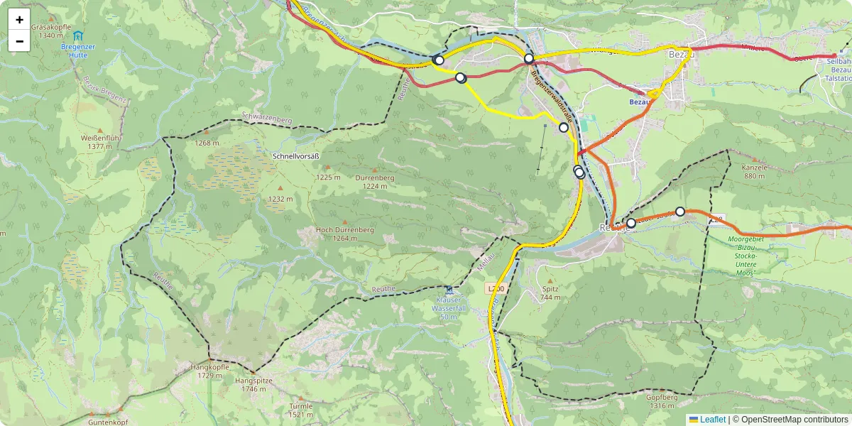 Nahverkehrsnetz in reuthe, Österreich - Buslinien, Haltestellen und Verbindungen auf der Karte
