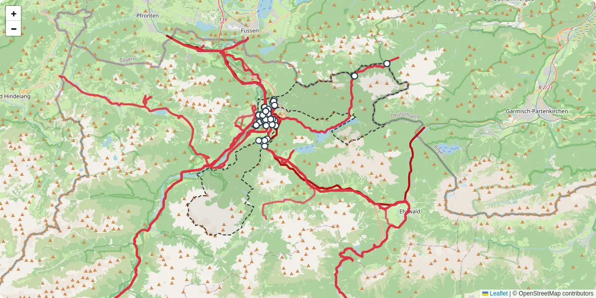 Nahverkehrsnetz in reutte, Österreich - Buslinien, Haltestellen und Verbindungen auf der Karte