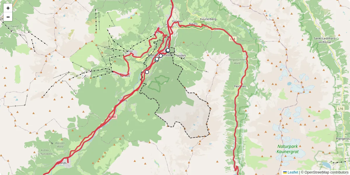 Nahverkehrsnetz in ried-im-oberinntal, Österreich - Buslinien, Haltestellen und Verbindungen auf der Karte