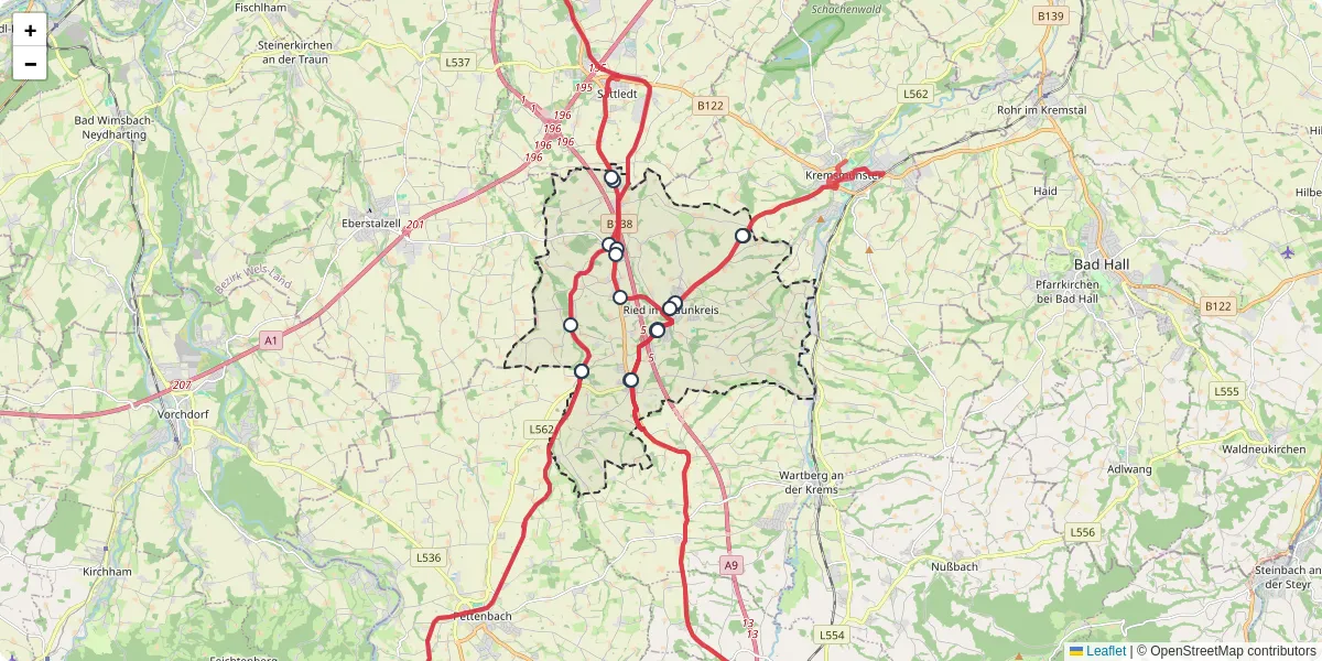 Nahverkehrsnetz in ried-im-traunkreis, Österreich - Buslinien, Haltestellen und Verbindungen auf der Karte