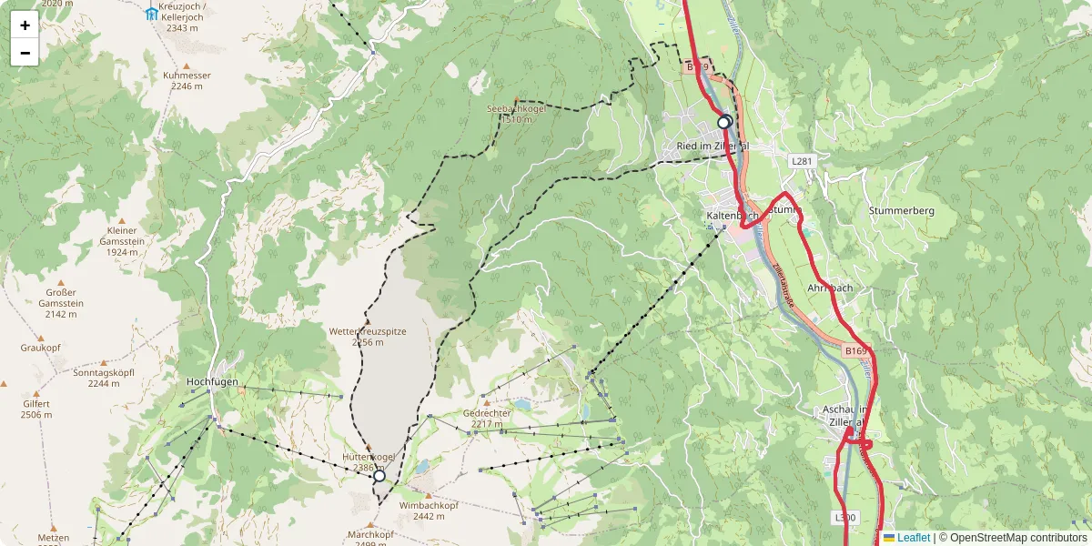 Nahverkehrsnetz in ried-im-zillertal, Österreich - Buslinien, Haltestellen und Verbindungen auf der Karte