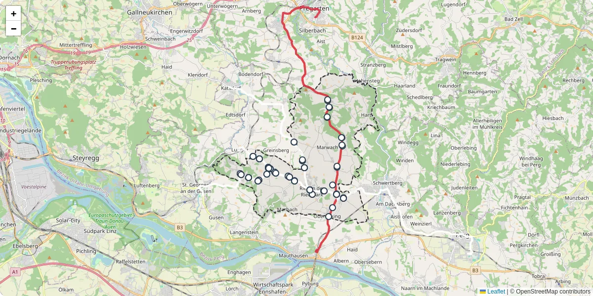 Nahverkehrsnetz in ried-in-der-riedmark, Österreich - Buslinien, Haltestellen und Verbindungen auf der Karte