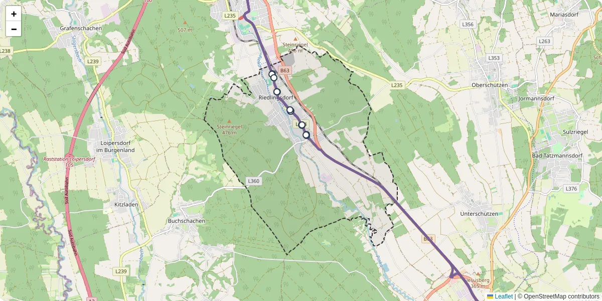 Nahverkehrsnetz in riedlingsdorf, Österreich - Buslinien, Haltestellen und Verbindungen auf der Karte