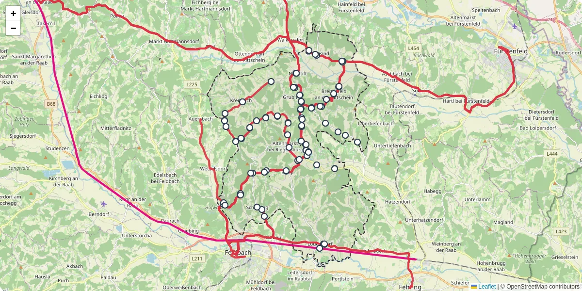 Nahverkehrsnetz in riegersburg, Österreich - Buslinien, Haltestellen und Verbindungen auf der Karte