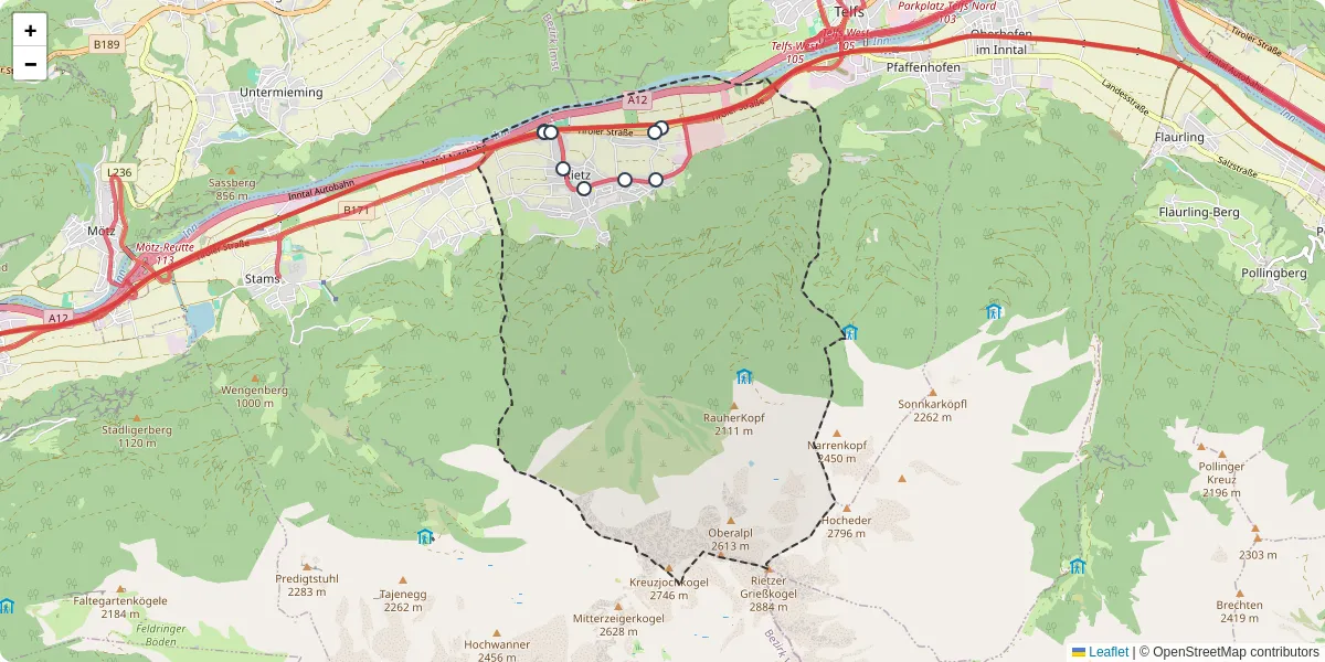 Nahverkehrsnetz in rietz, Österreich - Buslinien, Haltestellen und Verbindungen auf der Karte