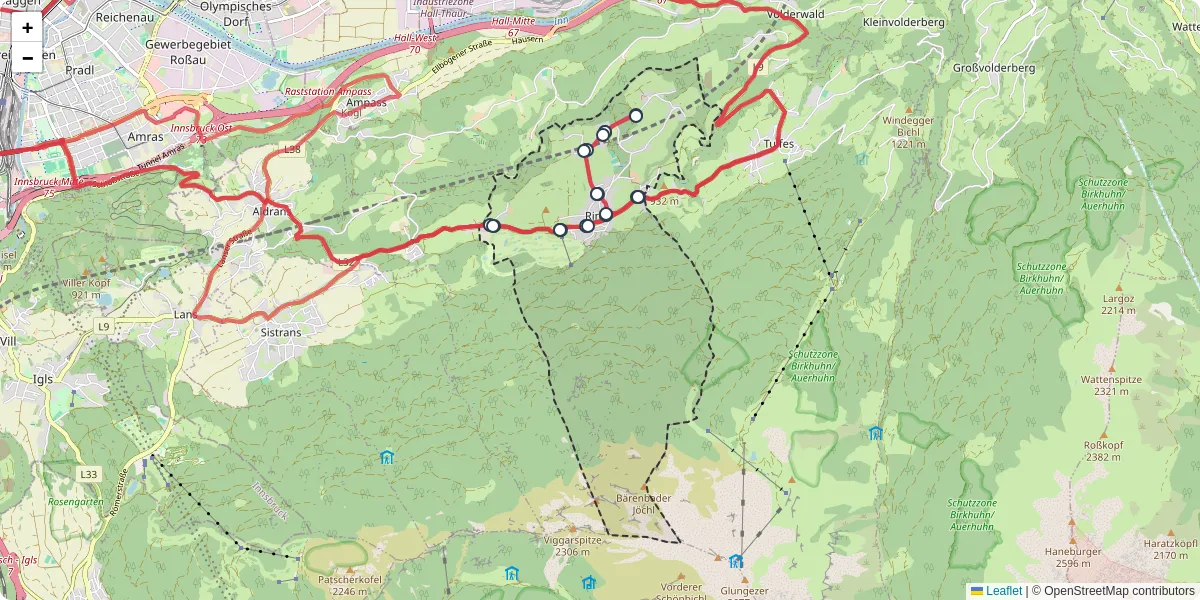 Nahverkehrsnetz in rinn, Österreich - Buslinien, Haltestellen und Verbindungen auf der Karte