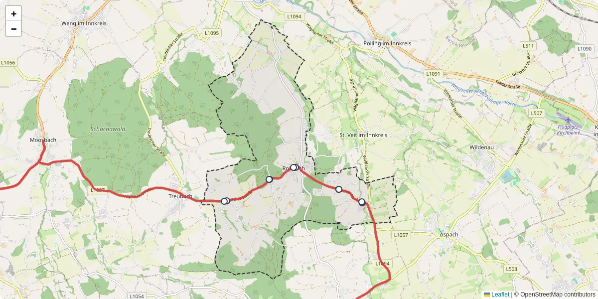 Nahverkehrsnetz in robach, Österreich - Buslinien, Haltestellen und Verbindungen auf der Karte