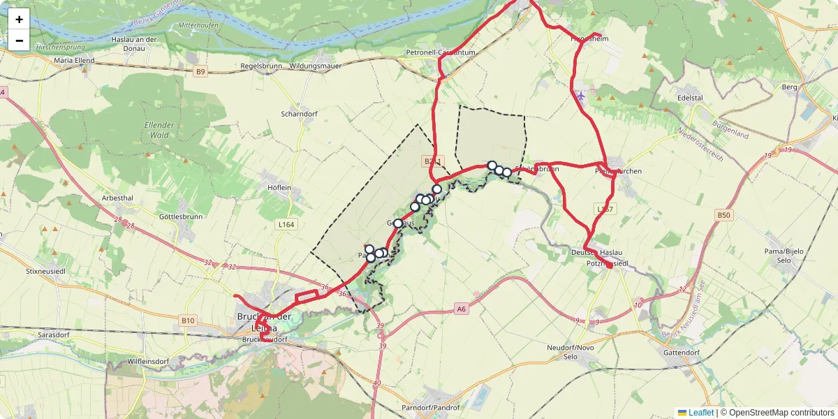 Nahverkehrsnetz in rohrau, Österreich - Buslinien, Haltestellen und Verbindungen auf der Karte