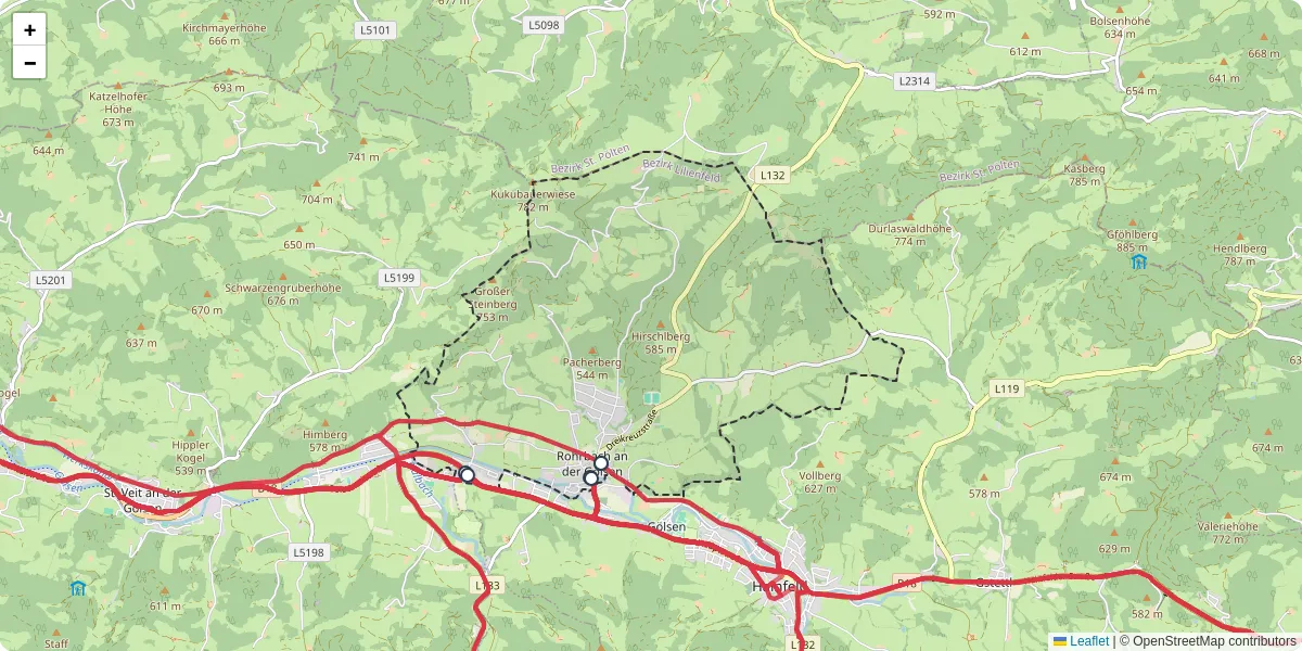 Nahverkehrsnetz in rohrbach-an-der-golsen, Österreich - Buslinien, Haltestellen und Verbindungen auf der Karte