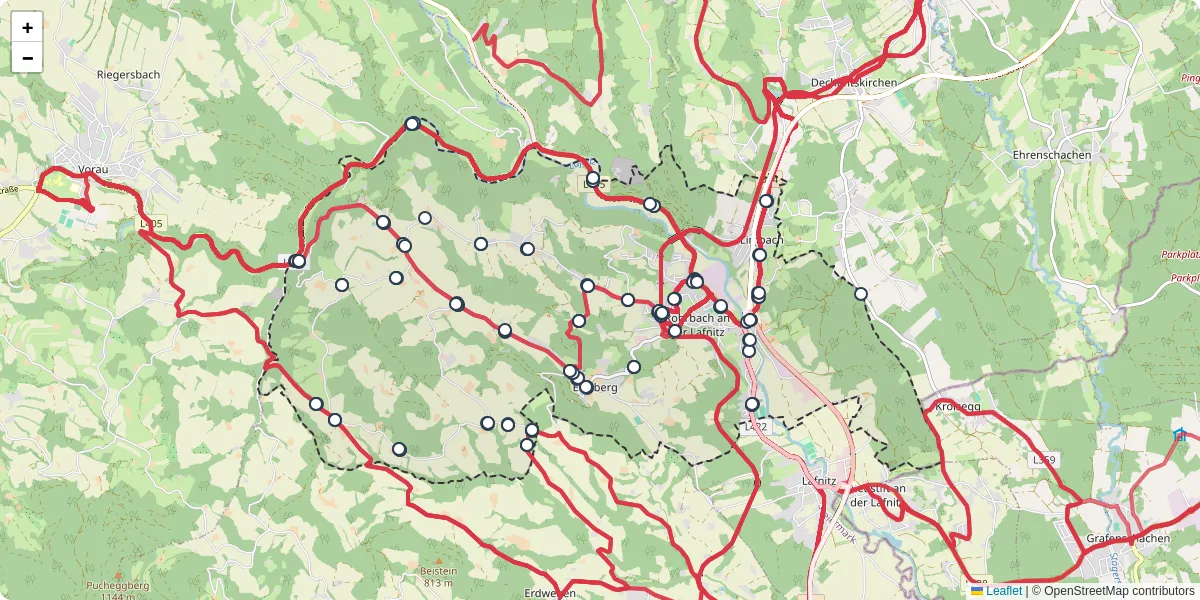 Nahverkehrsnetz in rohrbach-an-der-lafnitz, Österreich - Buslinien, Haltestellen und Verbindungen auf der Karte