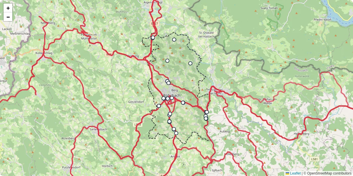 Nahverkehrsnetz in rohrbach-berg, Österreich - Buslinien, Haltestellen und Verbindungen auf der Karte