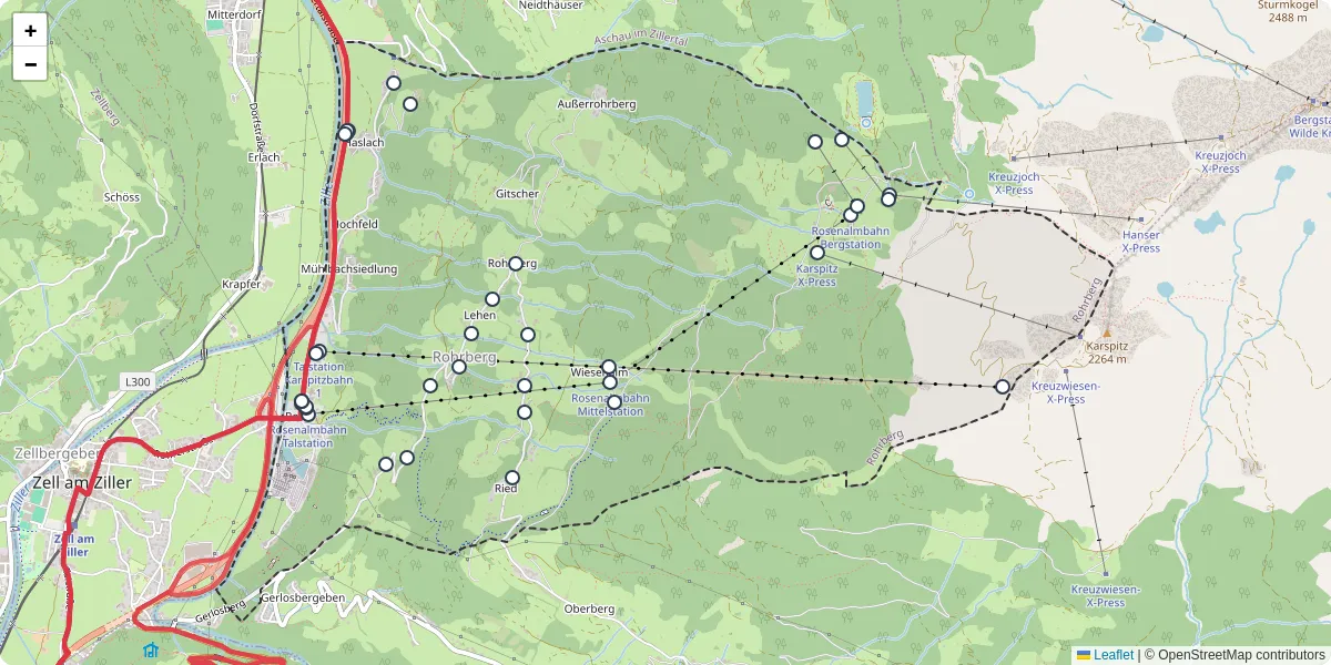 Nahverkehrsnetz in rohrberg, Österreich - Buslinien, Haltestellen und Verbindungen auf der Karte