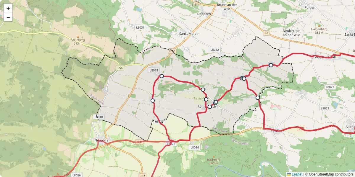 Nahverkehrsnetz in rohrenbach, Österreich - Buslinien, Haltestellen und Verbindungen auf der Karte